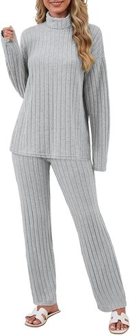 Women 2 Piece Lounge Set Long Sleeve Pajama Set Casual High Neck Loungewear Ribbed Knit Winter Warm Matching Outfit in Saudi Arabia
