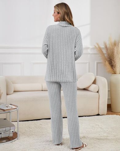 Women 2 Piece Lounge Set Long Sleeve Pajama Set Casual High Neck Loungewear Ribbed Knit Winter Warm Matching Outfit in Saudi Arabia