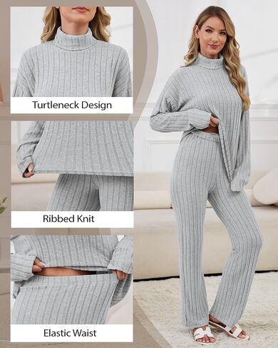 Women 2 Piece Lounge Set Long Sleeve Pajama Set Casual High Neck Loungewear Ribbed Knit Winter Warm Matching Outfit in Saudi Arabia