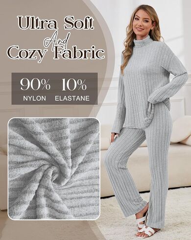 Women 2 Piece Lounge Set Long Sleeve Pajama Set Casual High Neck Loungewear Ribbed Knit Winter Warm Matching Outfit in Saudi Arabia