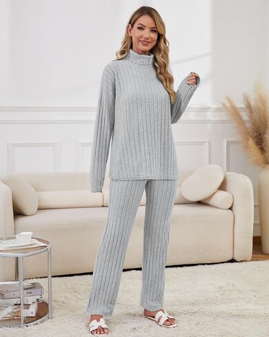 Women 2 Piece Lounge Set Long Sleeve Pajama Set Casual High Neck Loungewear Ribbed Knit Winter Warm Matching Outfit in Saudi Arabia