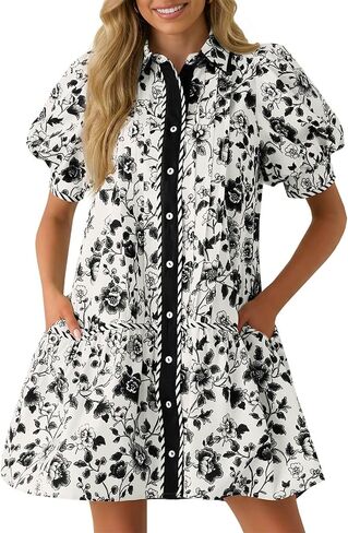 Wenrine Womens Mini Dress Summer Casual Short Puff Sleeve Floral Collared V Neck Loose Button Down Shirt Dress with Pockets in Kuwait