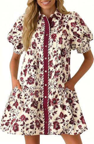 Wenrine Womens Mini Dress Summer Casual Short Puff Sleeve Floral Collared V Neck Loose Button Down Shirt Dress with Pockets in Kuwait