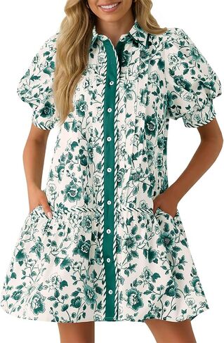 Wenrine Womens Mini Dress Summer Casual Short Puff Sleeve Floral Collared V Neck Loose Button Down Shirt Dress with Pockets in Kuwait