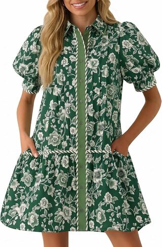 Wenrine Womens Mini Dress Summer Casual Short Puff Sleeve Floral Collared V Neck Loose Button Down Shirt Dress with Pockets in Kuwait