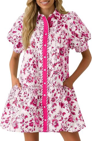 Wenrine Womens Mini Dress Summer Casual Short Puff Sleeve Floral Collared V Neck Loose Button Down Shirt Dress with Pockets in Kuwait