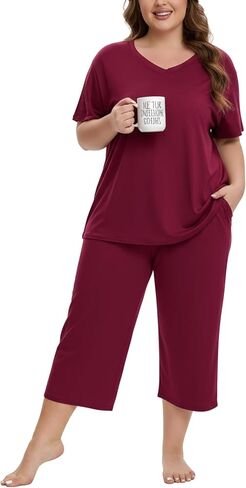 Plus Size Pajamas for Women Set Short Sleeve Tops and Capri Pants with Pockets Womens Pajama Sets Size 1x to 5x in Kuwait