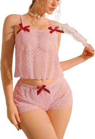 SOLY HUX Women's Sexy Sheer Mesh Pajama Bowknot Camisole Top and Shorts 2 Piece Cute Heart Print See Through Lingerie Set in Kuwait