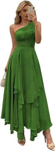 One Shoulder Bridesmaid Dresses Long A Line Ruffle Formal Evening Party Gown in Saudi Arabia