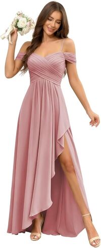 Off the Shoulder Bridesmaid Dresses for Women Chiffon Pleated Ruffle Formal Evening Gowns with Slit in Saudi Arabia