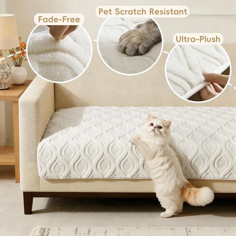 Arfntevss Couch Cover for Dogs Plush Washable Sofa Covers for 3 Cushion Couch Pet Friendly Fuzzy Sofa Slipcover 3 Seat Anti-Slip Boho Sectional Furniture Protector (Jacquard Plush Cream, 35.5" x 71") in Saudi Arabia