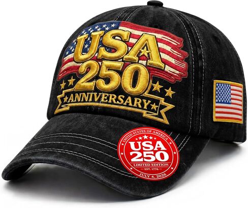 250th Anniversary USA Hat | Gold USA Flag | America 250 Anniversary Distressed Baseball Cap, 6-Panel Cotton in Saudi Arabia