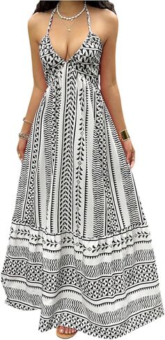 OYOANGLE Women's Summer Boho Maxi Dress Printed Flowy Halter Dress Sleeveless Tie Backless Beach Vacation Sundress in Saudi Arabia