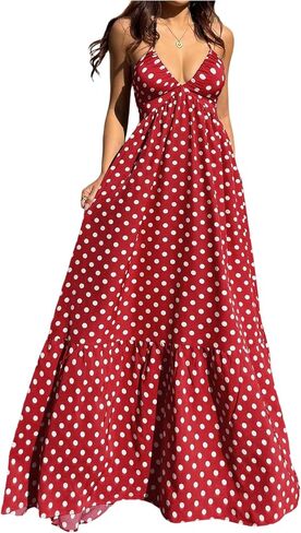 OYOANGLE Women's Summer Boho Maxi Dress Printed Flowy Halter Dress Sleeveless Tie Backless Beach Vacation Sundress in Saudi Arabia