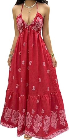 OYOANGLE Women's Summer Boho Maxi Dress Printed Flowy Halter Dress Sleeveless Tie Backless Beach Vacation Sundress in Saudi Arabia