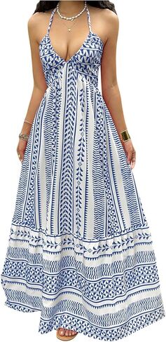 OYOANGLE Women's Summer Boho Maxi Dress Printed Flowy Halter Dress Sleeveless Tie Backless Beach Vacation Sundress in Saudi Arabia