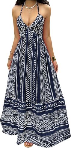 OYOANGLE Women's Summer Boho Maxi Dress Printed Flowy Halter Dress Sleeveless Tie Backless Beach Vacation Sundress in Saudi Arabia