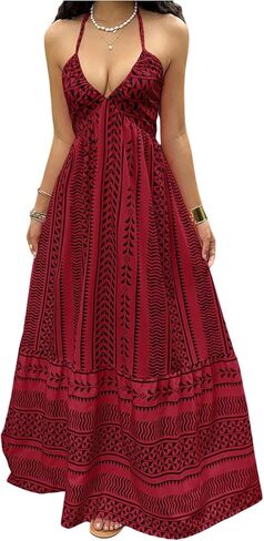 OYOANGLE Women's Summer Boho Maxi Dress Printed Flowy Halter Dress Sleeveless Tie Backless Beach Vacation Sundress in Saudi Arabia