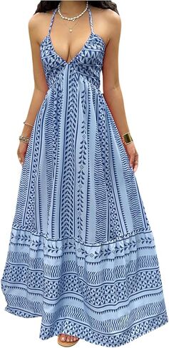 OYOANGLE Women's Summer Boho Maxi Dress Printed Flowy Halter Dress Sleeveless Tie Backless Beach Vacation Sundress in Saudi Arabia