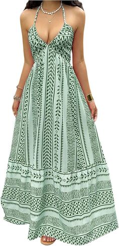 OYOANGLE Women's Summer Boho Maxi Dress Printed Flowy Halter Dress Sleeveless Tie Backless Beach Vacation Sundress in Saudi Arabia