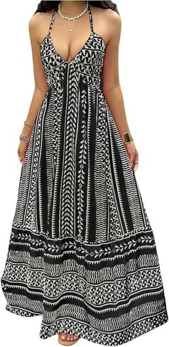 OYOANGLE Women's Summer Boho Maxi Dress Printed Flowy Halter Dress Sleeveless Tie Backless Beach Vacation Sundress in Saudi Arabia