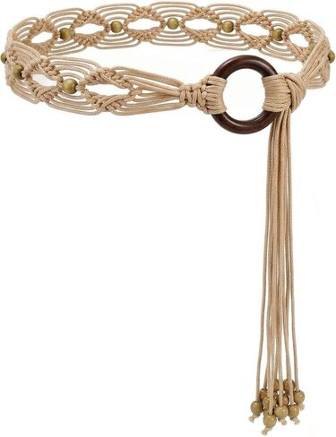 WHIPPY Boho Braided Belt for Women Western Belt With Hand-Woven Wax Rope Country Tassel Belts for Dress, 2" Wide in Kuwait