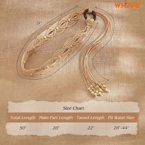 WHIPPY Boho Braided Belt for Women Western Belt With Hand-Woven Wax Rope Country Tassel Belts for Dress, 2" Wide in Kuwait