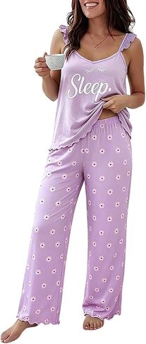 CHICME Womens Pajamas Set 2 Piece Sleeveless Ruffle Tank Top and Wide Leg Pants Loose Pj Lounge Sets Comfy Soft Sleepwear in Kuwait