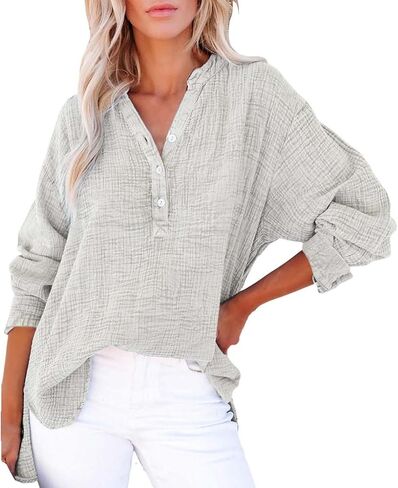 Womens Summer Apparent Gauze Tops Button V Neck Long Sleeve Casual Shirts Seniors Travel Outfits Loose Pullover Tops in Kuwait