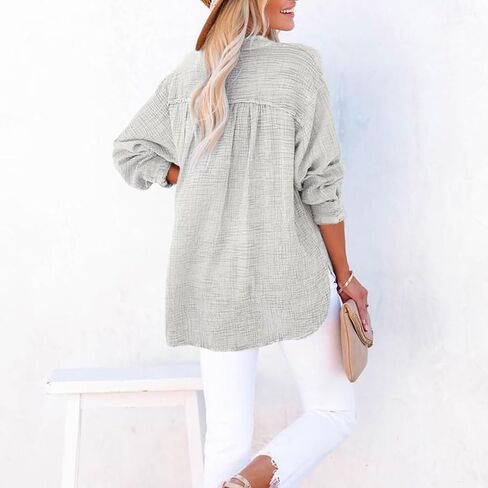 Womens Summer Apparent Gauze Tops Button V Neck Long Sleeve Casual Shirts Seniors Travel Outfits Loose Pullover Tops in Kuwait