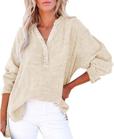 Womens Summer Apparent Gauze Tops Button V Neck Long Sleeve Casual Shirts Seniors Travel Outfits Loose Pullover Tops in Kuwait