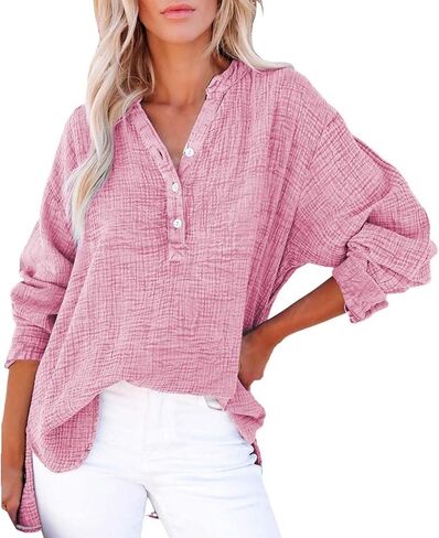 Womens Summer Apparent Gauze Tops Button V Neck Long Sleeve Casual Shirts Seniors Travel Outfits Loose Pullover Tops in Kuwait