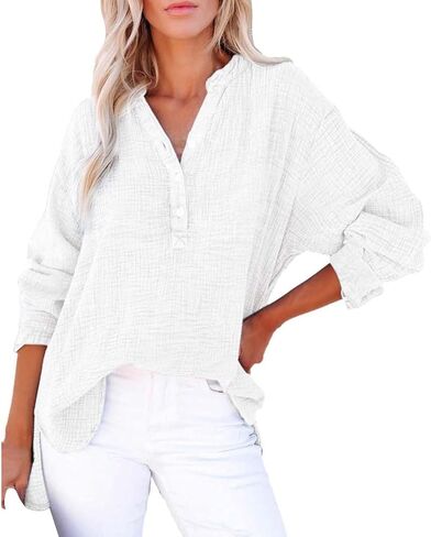 Womens Summer Apparent Gauze Tops Button V Neck Long Sleeve Casual Shirts Seniors Travel Outfits Loose Pullover Tops in Kuwait