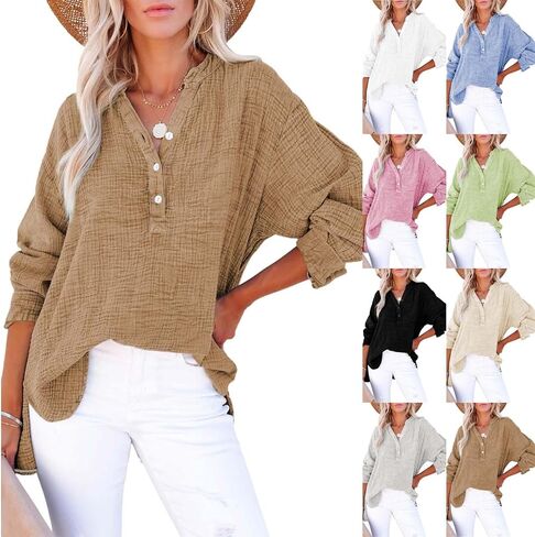 Womens Summer Apparent Gauze Tops Button V Neck Long Sleeve Casual Shirts Seniors Travel Outfits Loose Pullover Tops in Kuwait