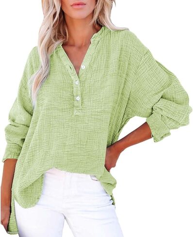 Womens Summer Apparent Gauze Tops Button V Neck Long Sleeve Casual Shirts Seniors Travel Outfits Loose Pullover Tops in Kuwait