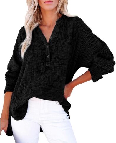 Womens Summer Apparent Gauze Tops Button V Neck Long Sleeve Casual Shirts Seniors Travel Outfits Loose Pullover Tops in Kuwait