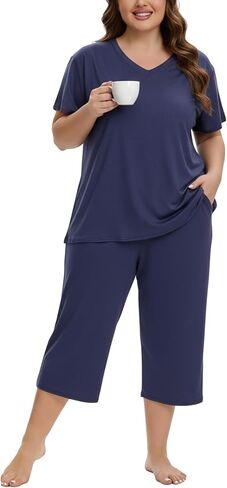 Plus Size Pajamas for Women Set Short Sleeve Tops and Capri Pants with Pockets Womens Pajama Sets Size 1x to 5x in Kuwait