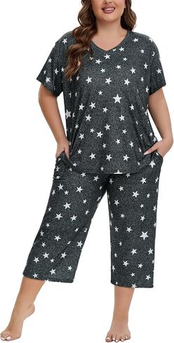 Plus Size Pajamas for Women Set Short Sleeve Tops and Capri Pants with Pockets Womens Pajama Sets Size 1x to 5x in Kuwait