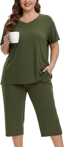 Plus Size Pajamas for Women Set Short Sleeve Tops and Capri Pants with Pockets Womens Pajama Sets Size 1x to 5x in Kuwait