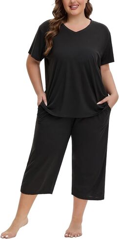 Plus Size Pajamas for Women Set Short Sleeve Tops and Capri Pants with Pockets Womens Pajama Sets Size 1x to 5x in Kuwait