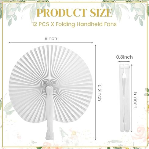 Decorative Round Hand Fan Foldable, 12 Packs White Folding Fans Handheld Chinese and Japanese Style Crafts for Wedding, Dancing, Party Favors DIY Decoration in Kuwait