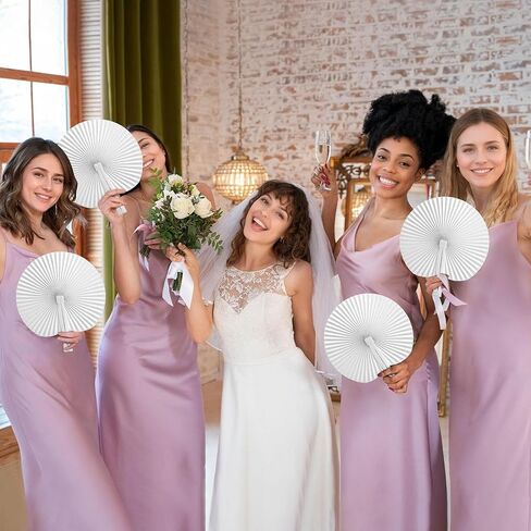 Decorative Round Hand Fan Foldable, 12 Packs White Folding Fans Handheld Chinese and Japanese Style Crafts for Wedding, Dancing, Party Favors DIY Decoration in Kuwait
