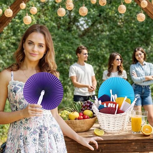 Decorative Round Hand Fan Foldable, 12 Packs White Folding Fans Handheld Chinese and Japanese Style Crafts for Wedding, Dancing, Party Favors DIY Decoration in Kuwait
