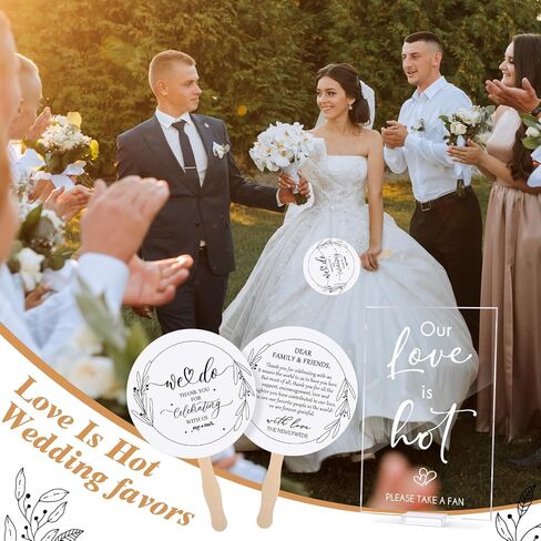 Fumete 101 Pcs Wedding Favor for Guests Included Hand Wedding Fans for Guest Bulk 100 and Acrylic Love is Hot Table Sign,Thank You Celebrating with Us Bridal Shower Party Favors(Classic) in Kuwait