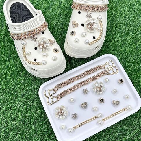 18Pcs Bling Shoe Charms: Love Chain Pearl Flower Cute Accessories Decor for Clog Shoes, Party Birthday Gifts for Women in Kuwait