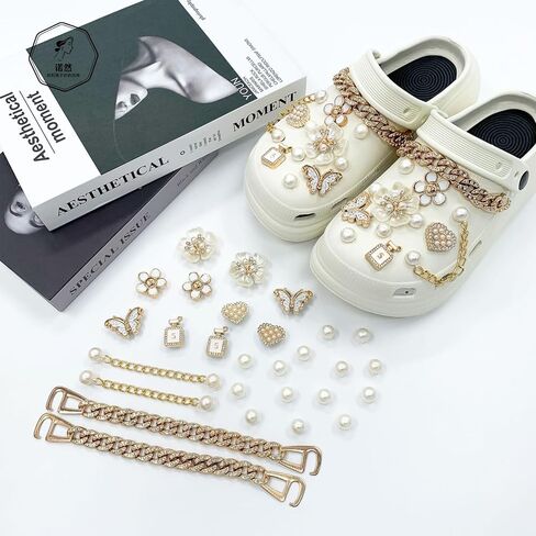 18Pcs Bling Shoe Charms: Love Chain Pearl Flower Cute Accessories Decor for Clog Shoes, Party Birthday Gifts for Women in Kuwait