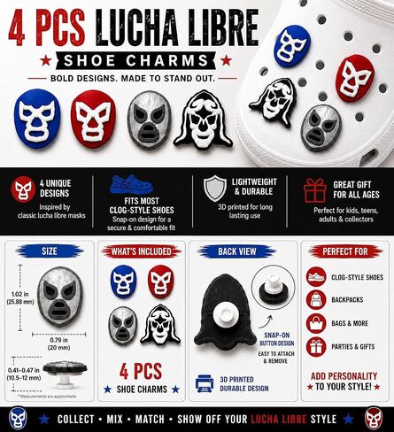 Lucha Libre Shoe Charms, 4 PCS Mexican Wrestling Mask Accessories for Clog Shoes, Kids Teens Adults in Kuwait