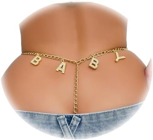 Gold Rhinestone Letters Pendant Thong Waist Chain Jewelry for Women Stretch Rope Rhinestone Chain Thong G String Festival Rave T-back Bikini Panties in Saudi Arabia