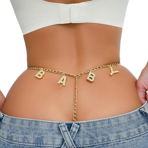 Gold Rhinestone Letters Pendant Thong Waist Chain Jewelry for Women Stretch Rope Rhinestone Chain Thong G String Festival Rave T-back Bikini Panties in Saudi Arabia