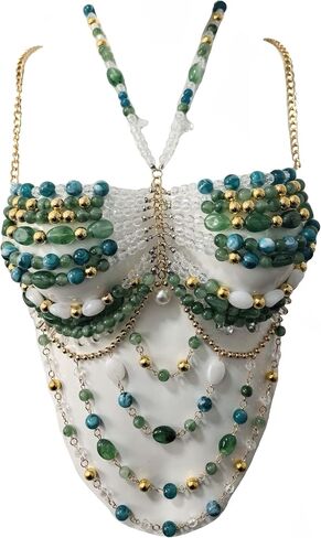 Luxury Beaded Body Chain Bra Green Gold Crystal Stone Layered Chest Jewelry Mermaid Costume Bra Rave/Festival/Burlesque Bra Top(Green) in Saudi Arabia